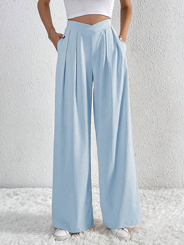 Pantalon ample plissé à jambes larges, couleur unie