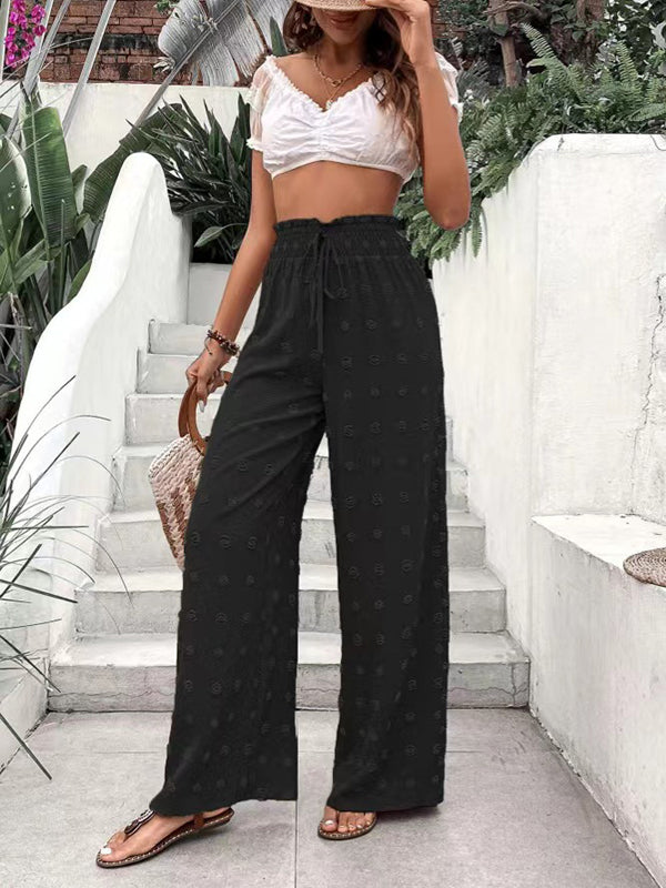 Pantalon ample taille haute, à cordon de serrage, à taille élastique, en jacquard, couleur unie