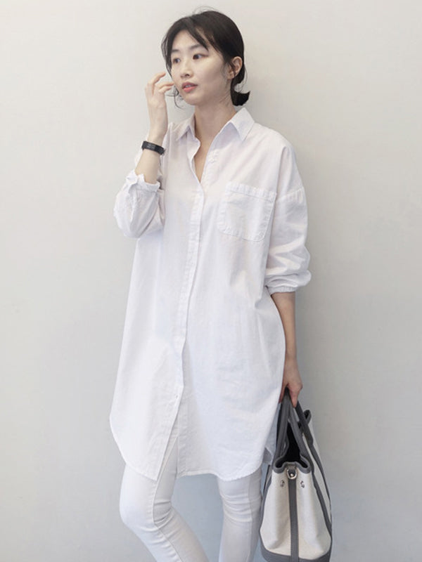 Bureau Manches Longues Couleur Unie Revers Blouses Robe Chemise