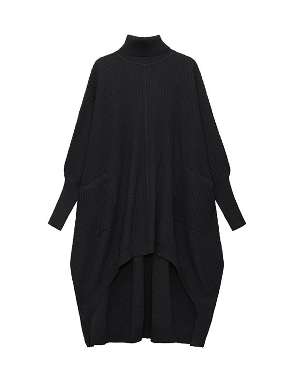 Robe pull à manches chauve-souris, à ourlet plongeant, à poches, à col haut, couleur unie