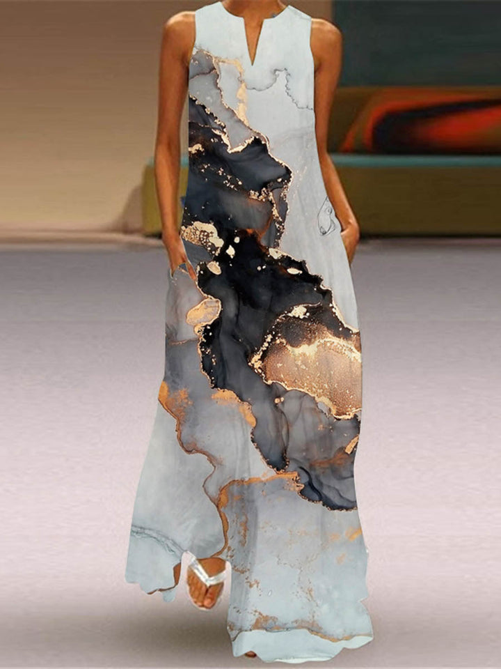 Robe longue ample imprimée coupe trapèze, à poches, à empiècements, à col en V, couleur contrastée