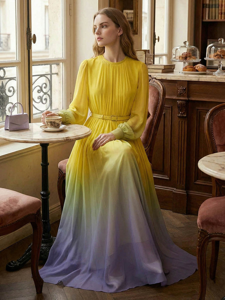 Robe longue plissée taille haute, à manches longues, avec ceinture, en dégradé, à empiècements, à col rond, couleur contrastée