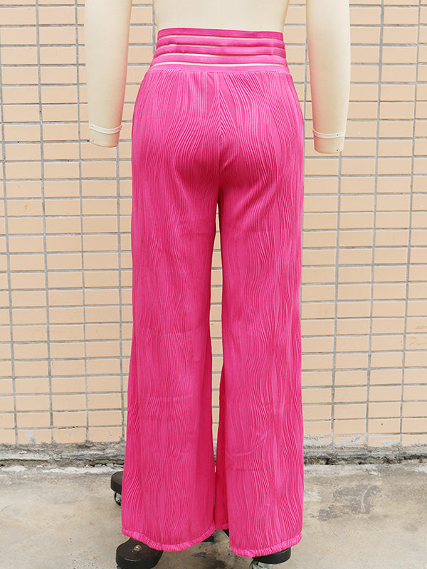 Pantalon ample ajouré plissé à jambes larges, à taille élastique, couleur unie
