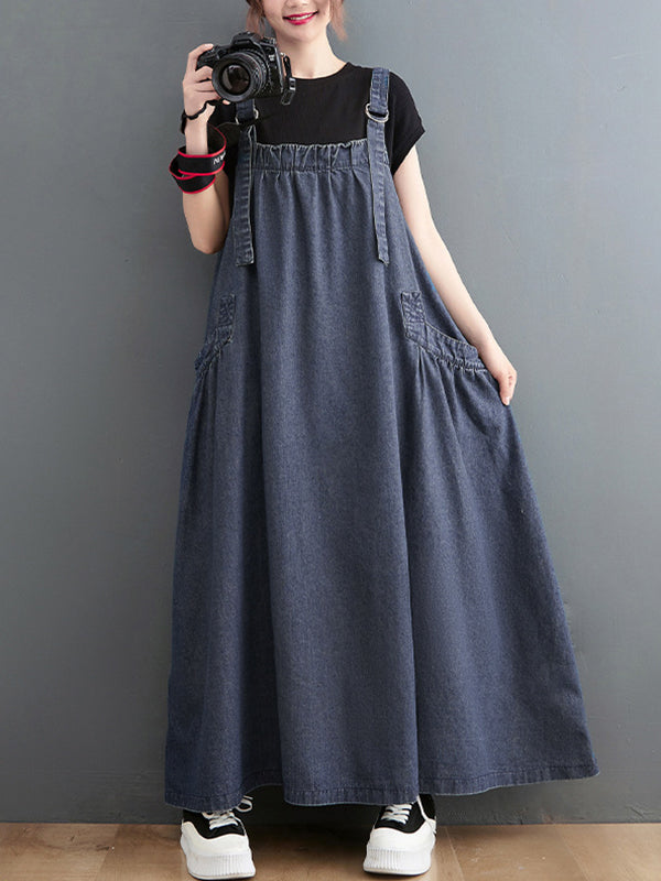 Robe mi-longue en jean à bretelles de couleur unie, Vintage, ample, artistique, rétro