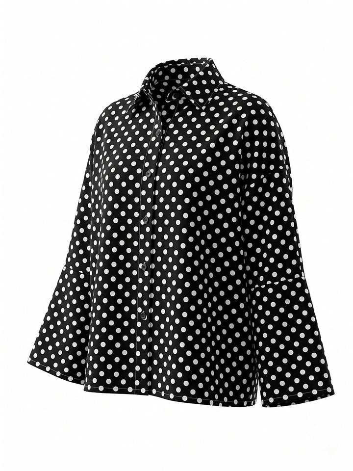 Chemisier ample boutonné à manches longues, à pois, à empiècements, à col revers, couleur contrastée