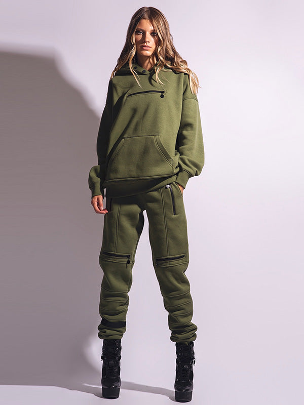 Pantalon de sport décontracté à taille haute et élégant, couleur unie, fermeture éclair