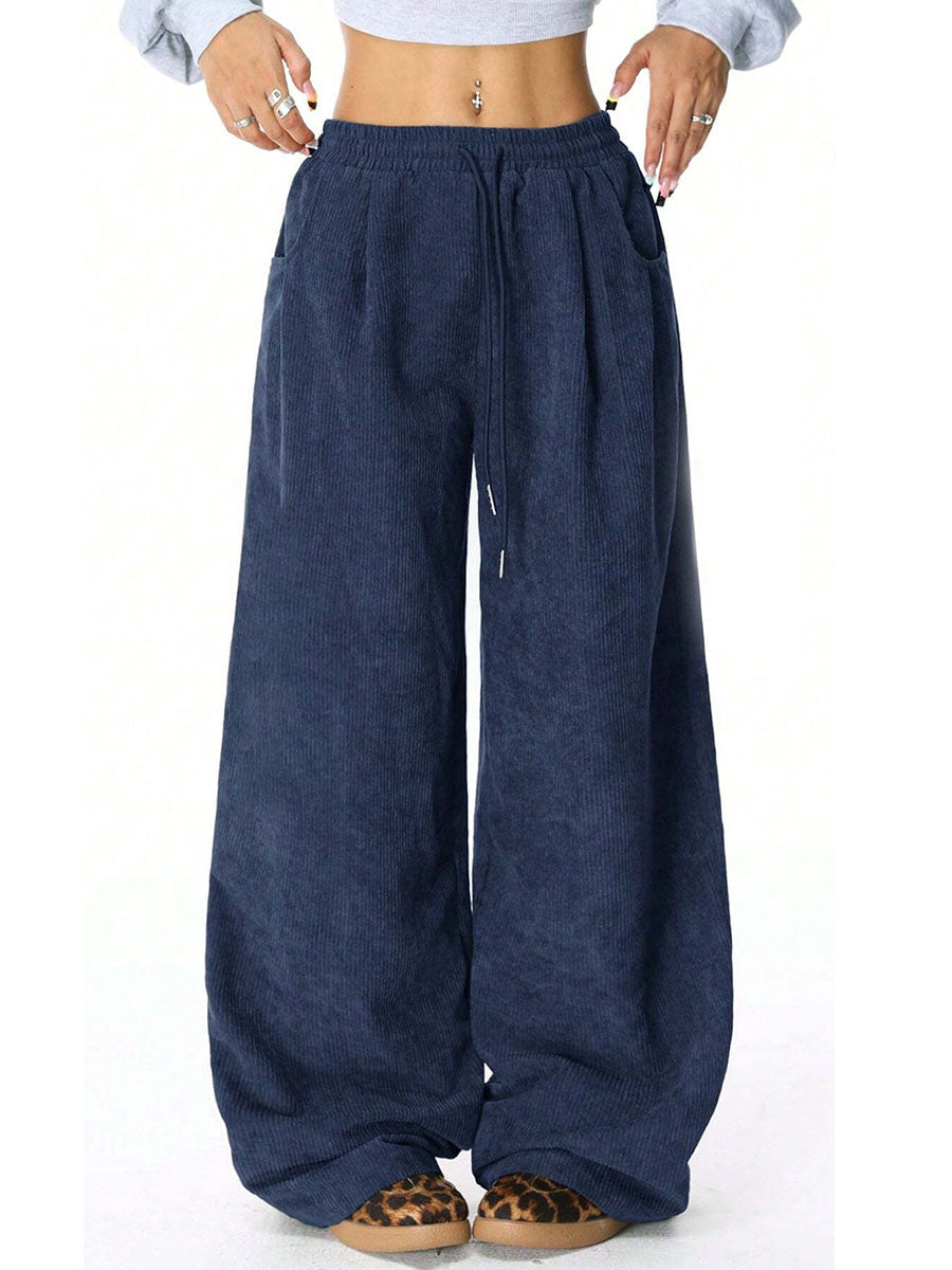 Pantalon taille haute, à jambes larges, à cordon de serrage, à taille élastique, à poches, couleur unie