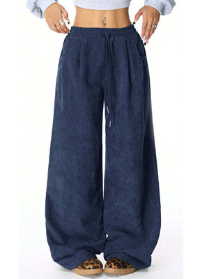 Pantalon taille haute, à jambes larges, à cordon de serrage, à taille élastique, à poches, couleur unie