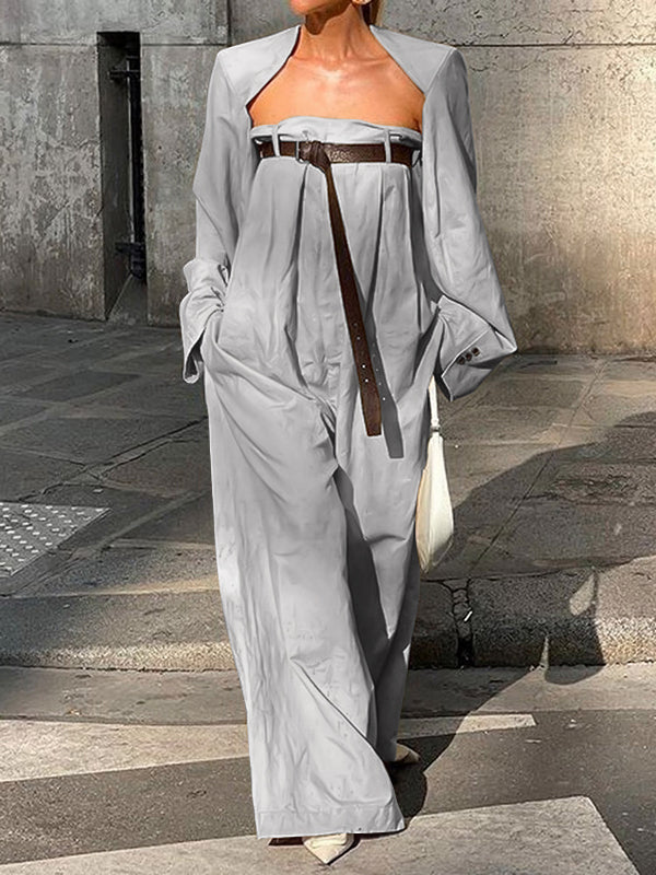 Ensemble deux pièces boutonné à manches longues, sans col, à jambes larges, avec ceinture – veste + haut + combinaison