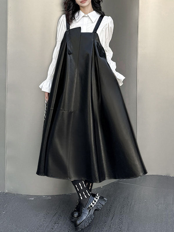 Robe trapèze ample asymétrique plissée, couleur unie, à empiècements, col carré, robe mi-longue