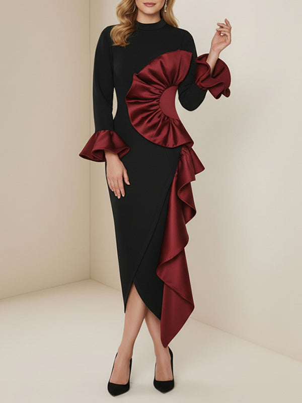 Robe mi-longue moulante asymétrique volantée à manches évasées, à fermeture éclair, à col montant, couleur contrastée