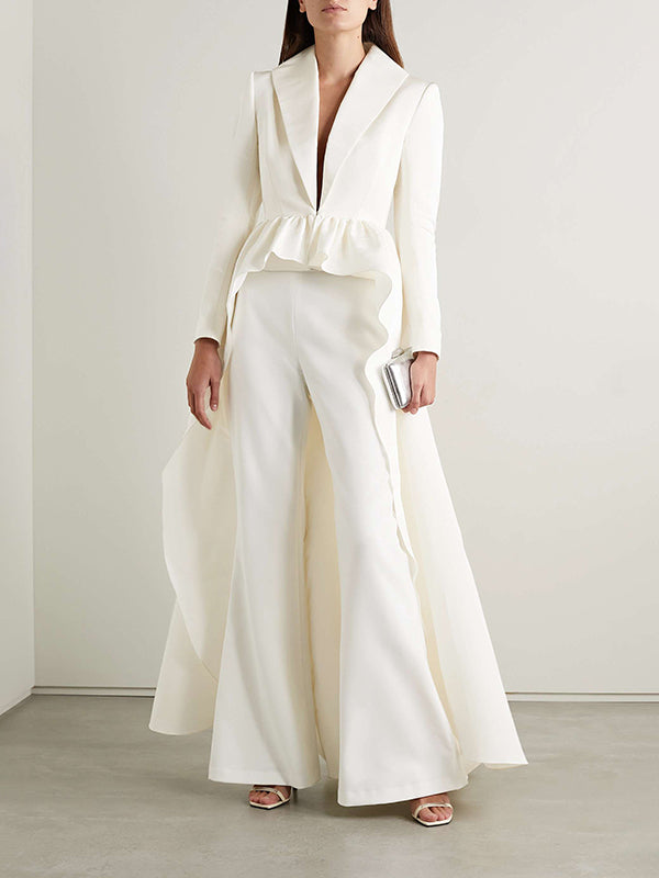 Ensemble deux pièces à ourlet plongeant, coupe portefeuille, à falbalas, à col en V, couleur unie – chemise + pantalon