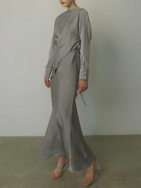 Ensemble deux pièces ample à empiècements, à col bateau, à manches longues, couleur unie – chemisier + chemise + jupe