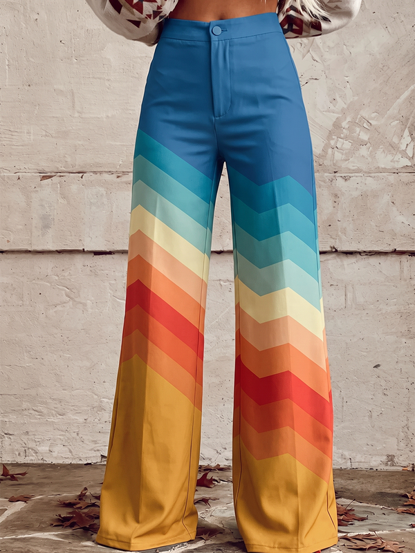 Pantalon imprimé boutonné à poches, à jambes larges, grande taille