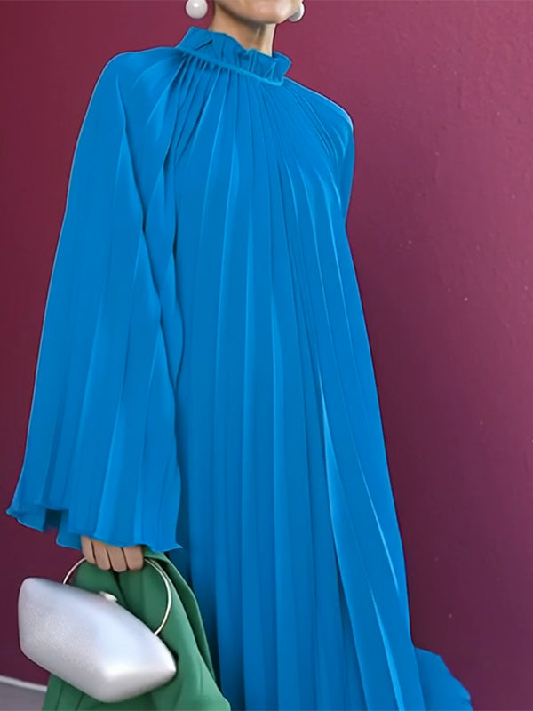Robe longue ample plissée volantée à manches évasées, à empiècements, à col haut, couleur unie