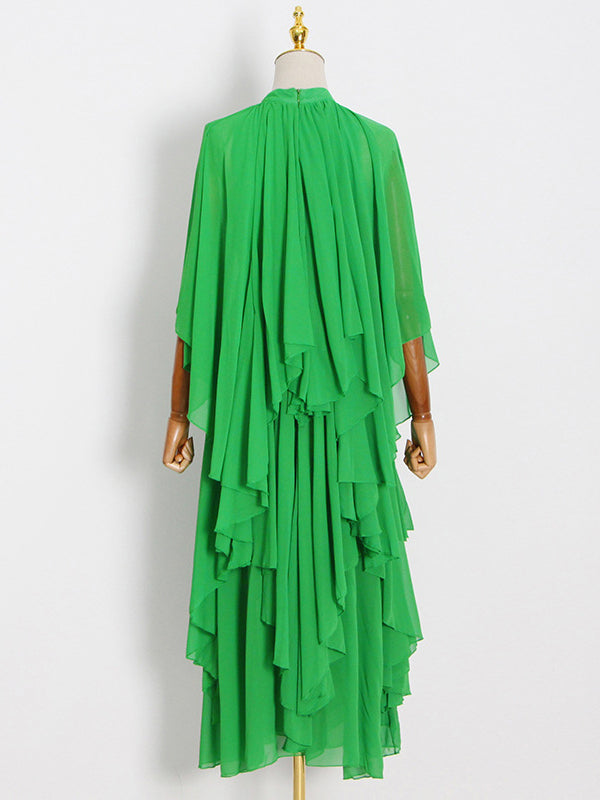 Robe longue ample à manches raglan, à volants étagés, à col montant, couleur unie