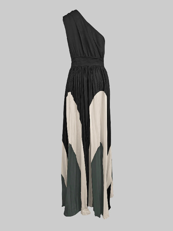 Robe longue asymétrique plissée imprimée sans manches, asymétrique à une épaule