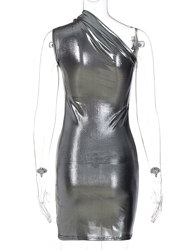 Robe courte asymétrique brillante coupe près du corps, à empiècements, asymétrique à une épaule, couleur unie