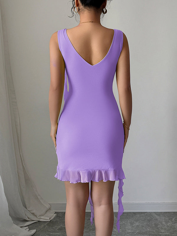 Robe courte plissée moulante taille haute, à col en V, couleur unie