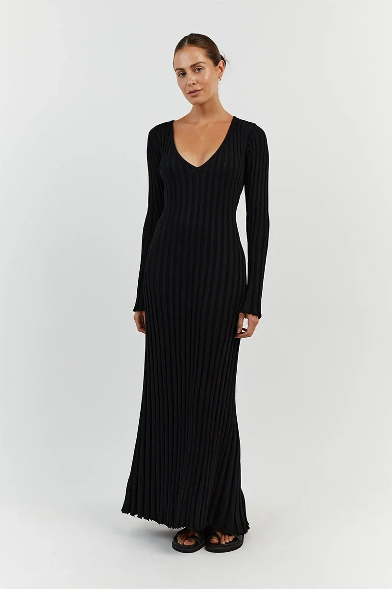 Lavinia - Robe midi en tricot à manches longues avec décolleté en V