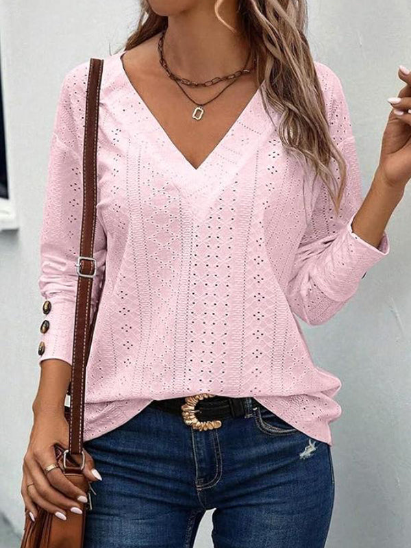 T-shirt ample boutonné à manches longues, à col en V, couleur unie