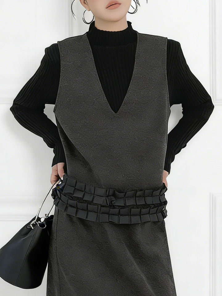 Ensemble deux pièces volanté plissé à empiècements, à col en V, à taille élastique, taille haute, couleur contrastée – débardeur + jupe