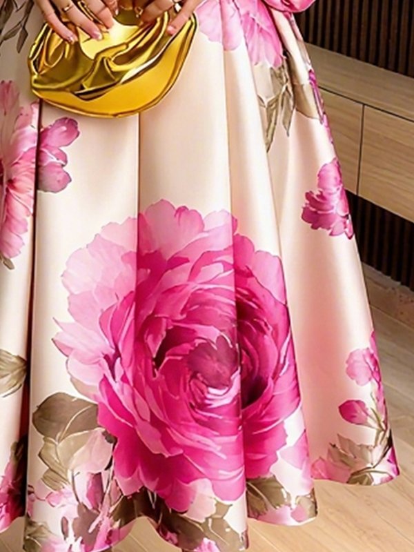 Robe longue plissée coupe trapèze, à manches longues, à taille élastique, à imprimé floral, à col cheminée