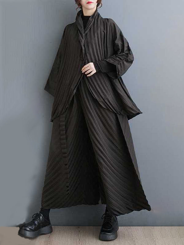 Ensemble deux pièces ample boutonné plissé à manches longues, à col montant, couleur unie – chemise + haut + pantalon