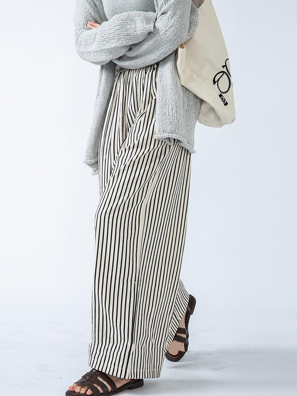Pantalon ample rayé taille haute, à empiècements