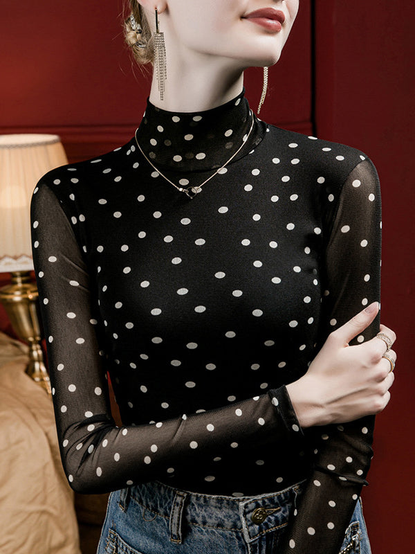 T-shirt à manches longues, grande taille, à pois, à col cheminée