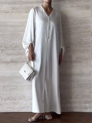 Robe chemise ample à manches bouffantes, à cordon de serrage, à empiècements, à col en V, couleur unie
