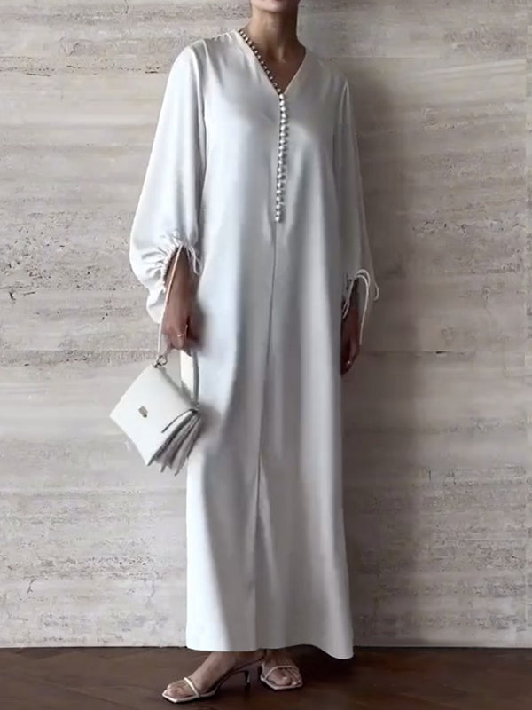 Robe chemise ample à manches bouffantes, à cordon de serrage, à empiècements, à col en V, couleur unie