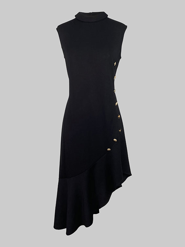 Robe mi-longue ample asymétrique boutonnée sans manches, à bordure volantée, à col cheminée, couleur unie