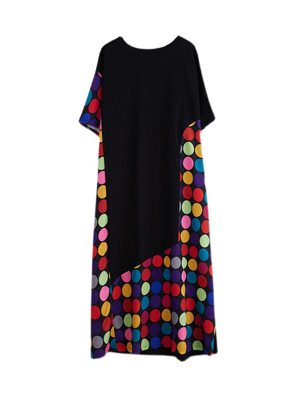 Robe mi-longue ample multicolore à manches courtes, à pois, à empiècements, à col rond