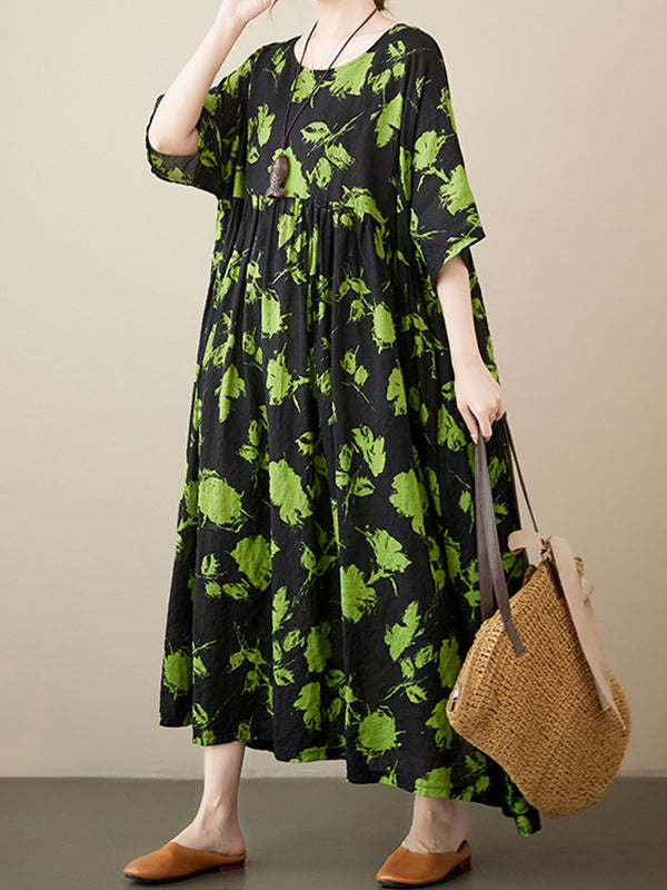 Robe mi-longue ample plissée à fleurs, à col rond