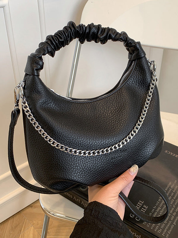 Sac à main plissé à chaîne, à fermeture éclair, couleur unie