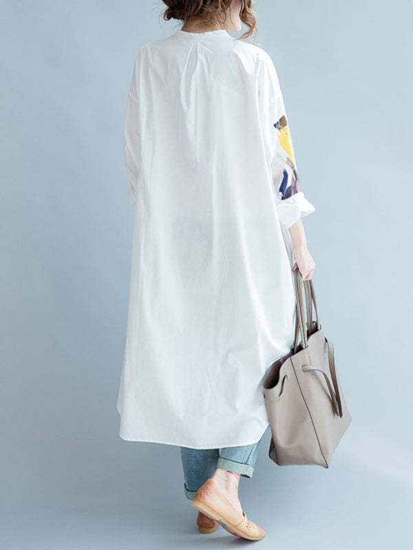 Robe chemise blanche asymétrique imprimée fendue sur le côté à manches longues