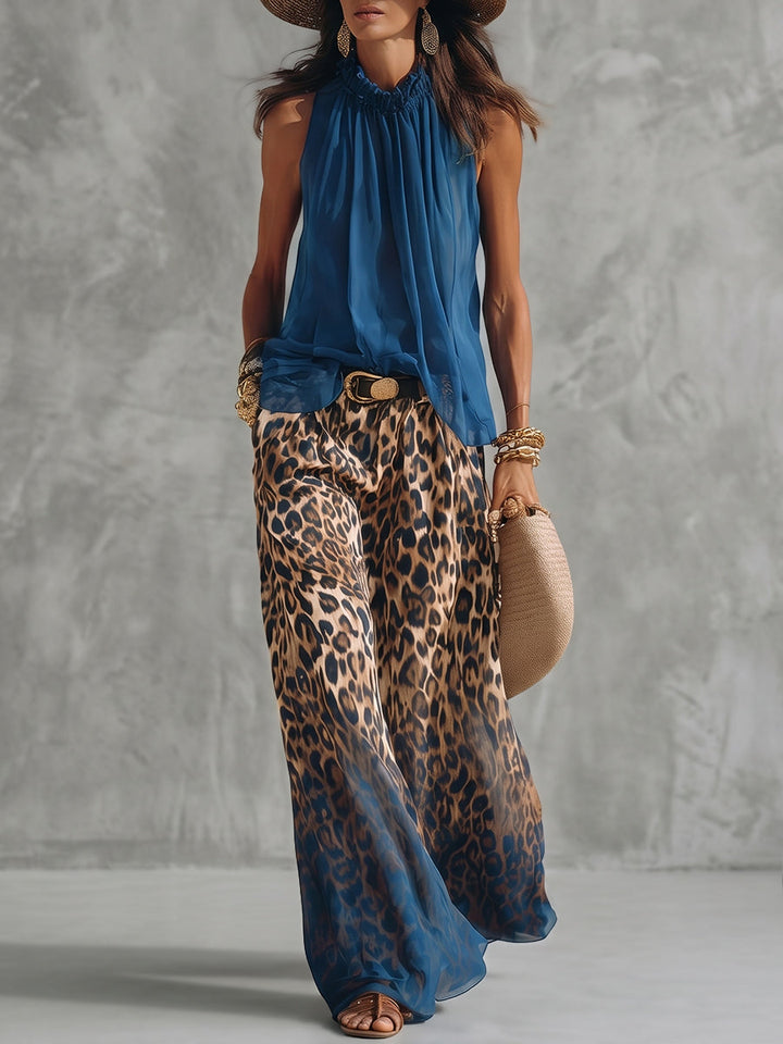Pantalon taille haute, en dégradé, à imprimé léopard