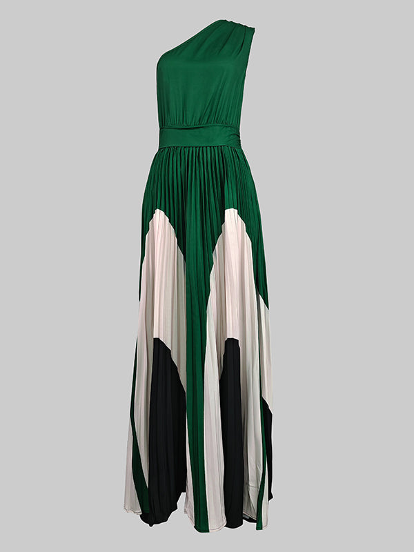 Robe longue asymétrique plissée imprimée sans manches, asymétrique à une épaule