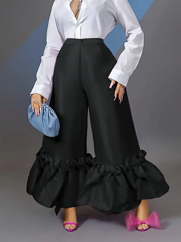 Pantalon évasé ample boutonné Volants taille haute de couleur unie