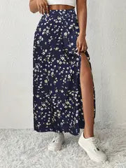 Maria | Jupe maxi imprimée florale avec taille haute et fente latérale