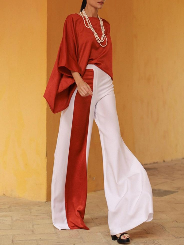 Ensemble deux pièces à manches chauve-souris, à manches mi-longues, à jambes larges, couleur unie, couleur contrastée – haut + pantalon