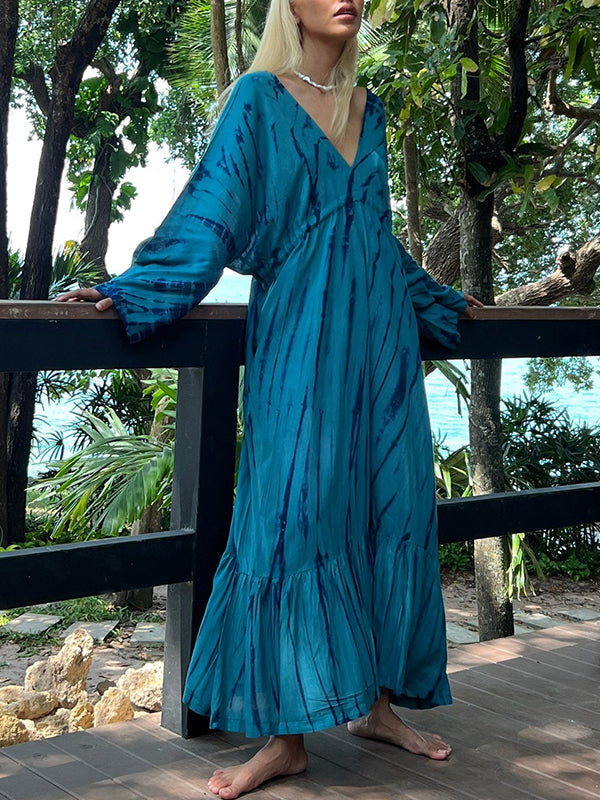 Robe longue imprimée ample à empiècements, à manches raglan, à col en V
