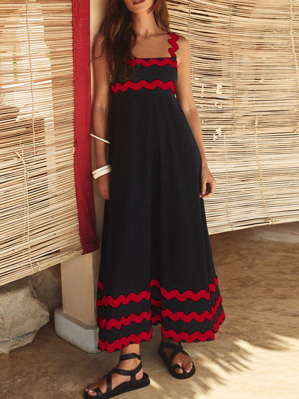 Robe mi-longue coupe trapèze, taille haute, à fermeture éclair, à col carré, couleur contrastée