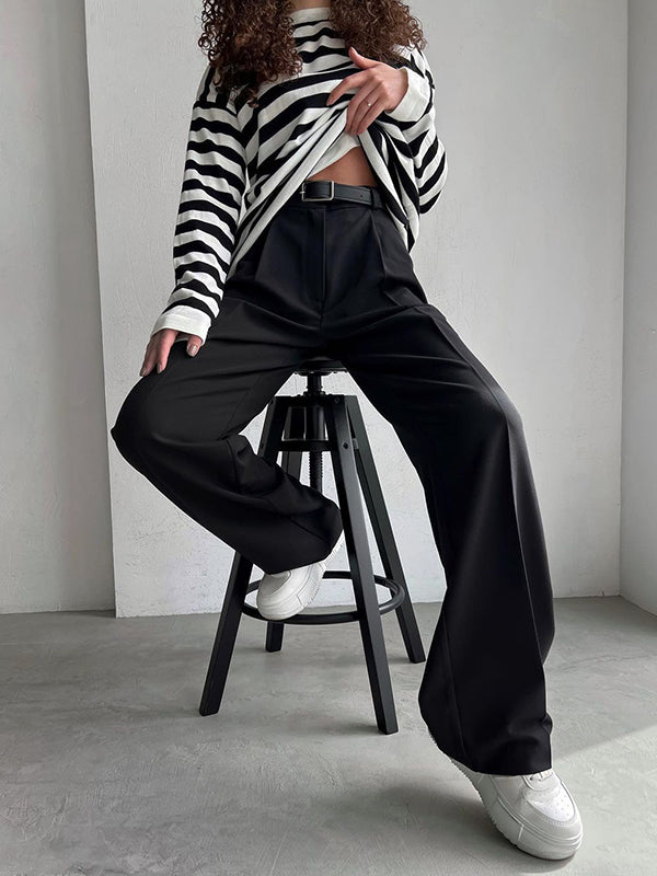 Pantalon ample taille haute, sans ceinture, couleur unie