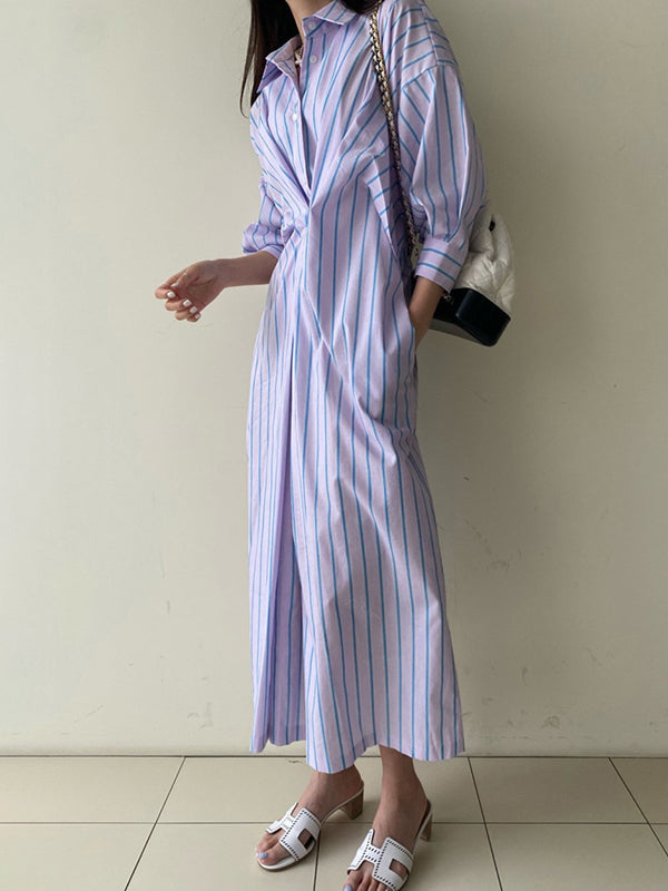 Robe chemise ample boutonnée rayée à manches longues, à poches, à col revers, couleur contrastée