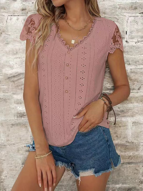 T-shirt ample boutonné ajouré à manches courtes, en résille, à empiècements, à col en V