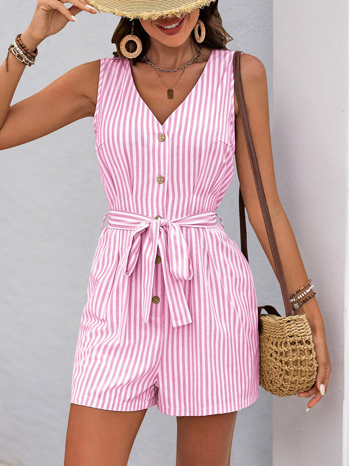 Combishort boutonné rayé à taille élastique, taille haute, à poches, à taille nouée, à col en V