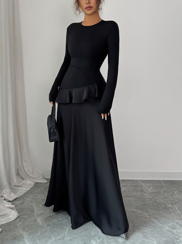 Robe longue coupe trapèze, taille haute, à bordure volantée, à empiècements, à col rond, couleur unie