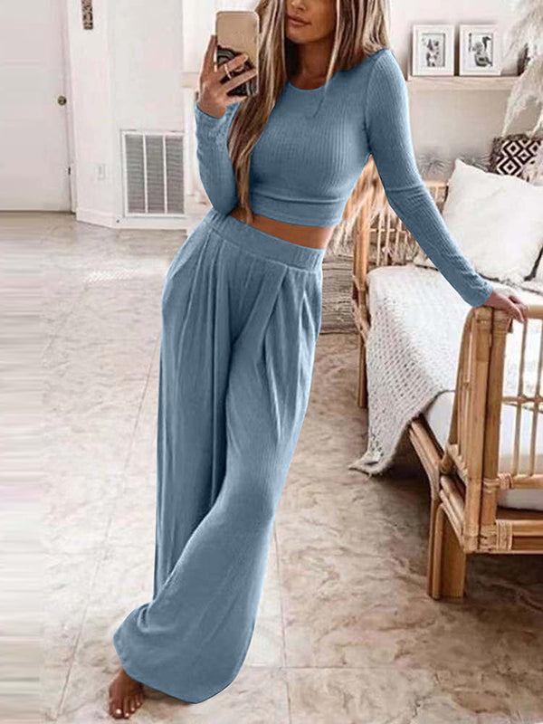 Ensemble deux pièces grande taille, à col rond, à manches longues, couleur unie – chemise + haut + pantalon